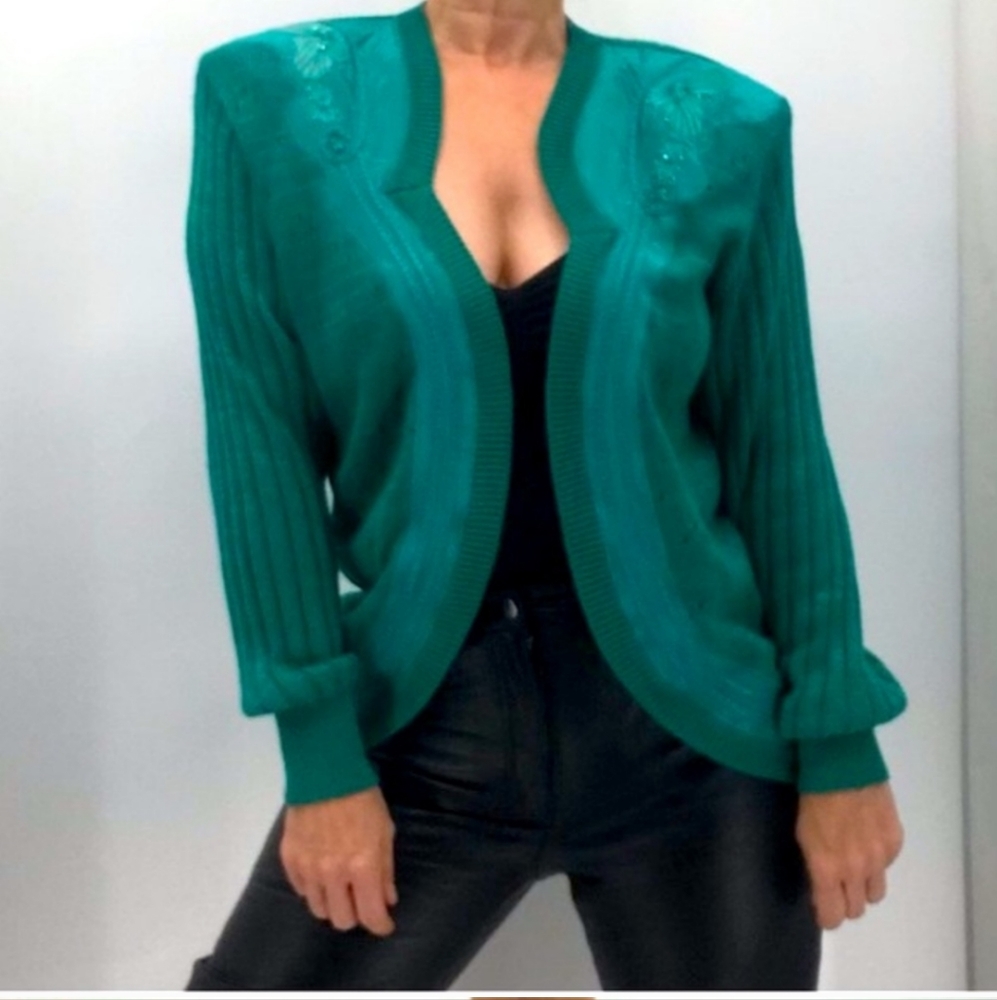 🎄 Holiday Beaded Sequin Silk Embroidered Pointelle Knit Cardigan Vintage 80’s